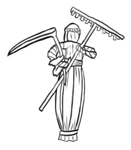 cattail doll holding a rake and scythe 